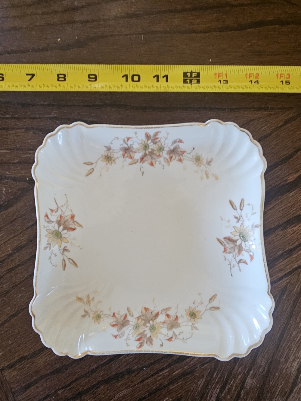 Porcelain Square Dessert Plate in Cream Floral Transferware Antique